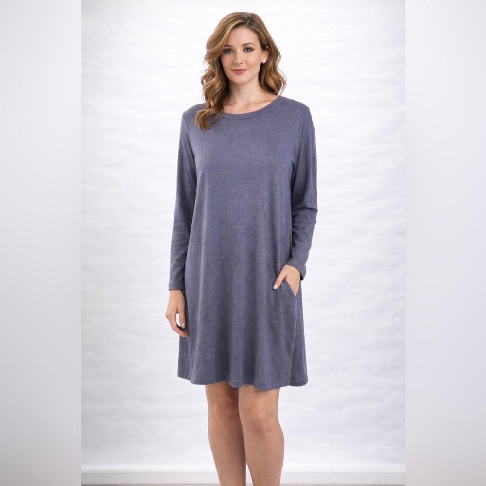 Woman’s Blue Heathered Hacci Knit Dress 1X Long Sleeves Pullover Pockets…